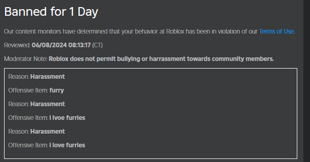 FnPg3d's tweet photo. Roblox Sees you saying "I Love Furries" as bullying or harrassment towards community members.  #roblox https://t.co/DokwZxEC7g