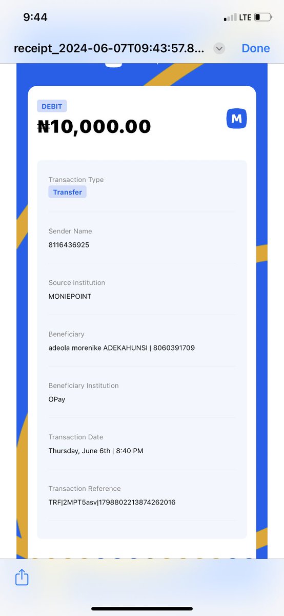teewhybongo's tweet photo. @moniepointng I made a transaction of N10,000 on Thursday 6th, June 2024 at exactly 20:40, but the beneficiary has not received the funds yet. https://t.co/CY3cB6ML1s