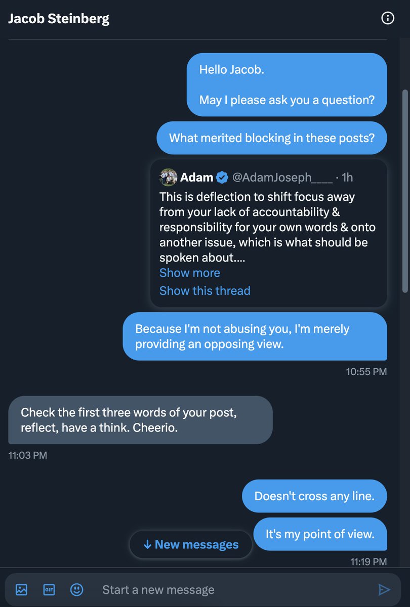 AdamJoseph's tweet photo. After being blocked by @JacobSteinberg, I reached out to him to clarify what part of this tweet (or yesterday's: https://t.co/3DMR2VsmOE) was unfair. This was the conversation that took place.

Make of it, what you will. https://t.co/r1lDtv8tfo