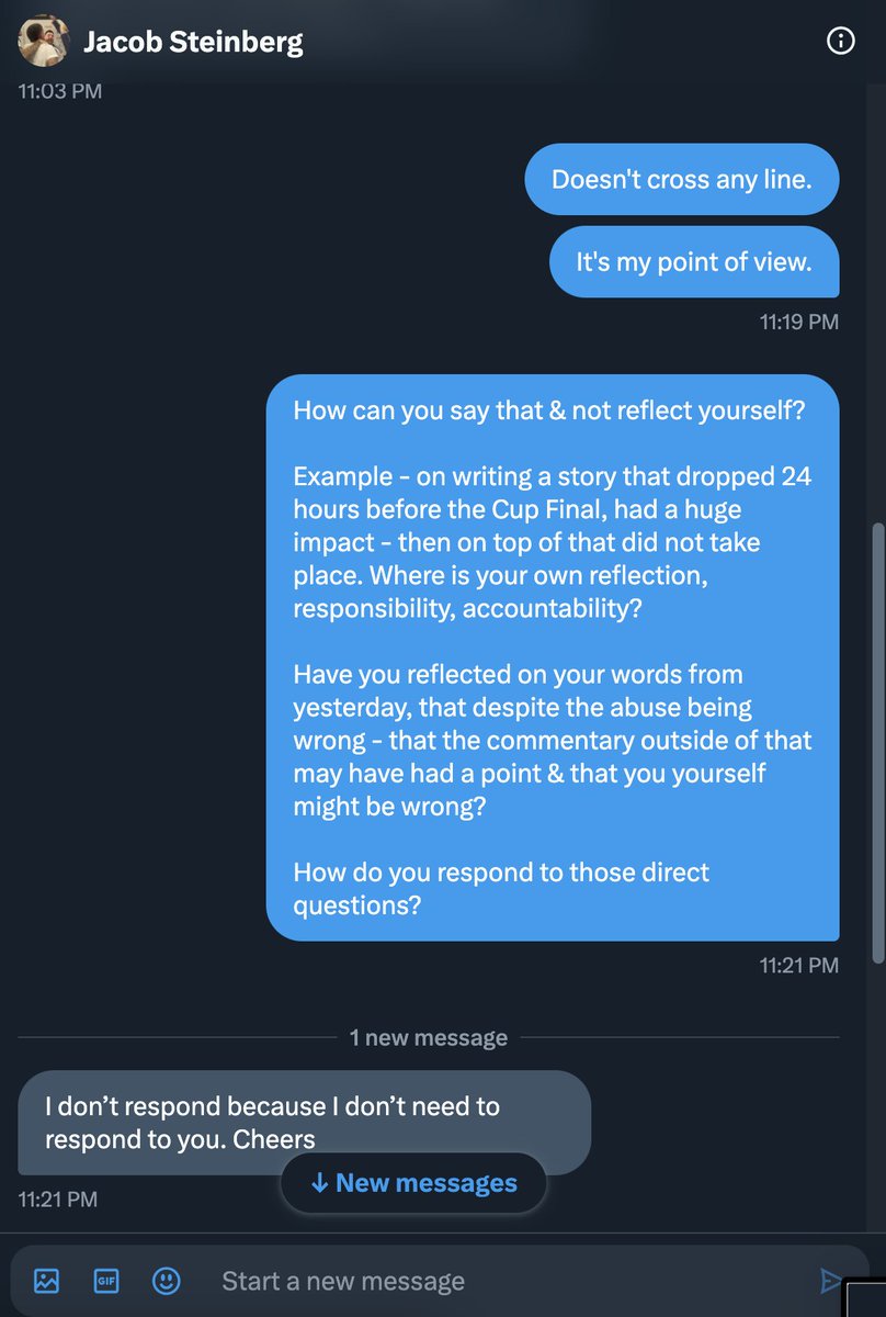 AdamJoseph's tweet photo. After being blocked by @JacobSteinberg, I reached out to him to clarify what part of this tweet (or yesterday's: https://t.co/3DMR2VsmOE) was unfair. This was the conversation that took place.

Make of it, what you will. https://t.co/r1lDtv8tfo