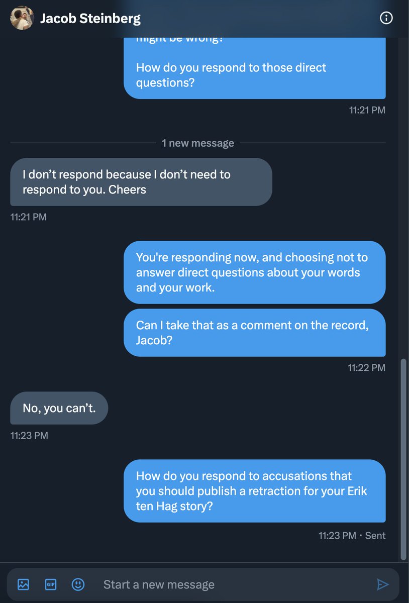 AdamJoseph's tweet photo. After being blocked by @JacobSteinberg, I reached out to him to clarify what part of this tweet (or yesterday's: https://t.co/3DMR2VsmOE) was unfair. This was the conversation that took place.

Make of it, what you will. https://t.co/r1lDtv8tfo