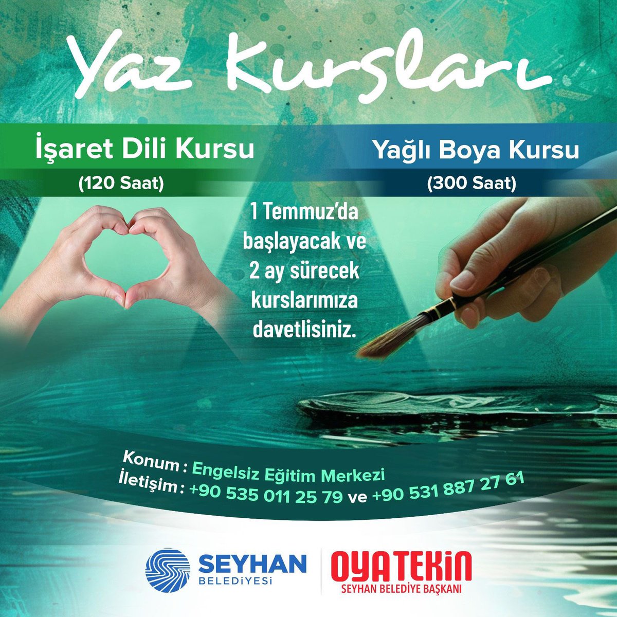 Yaz kurslarımız başlıyor! 🫶🏻

1 Temmuz’da başlayacak olan İşaret Dili Kursu ve Yağlı Boya Kursu için kayıt yaptırmayı unutmayın. Başvurular 10 Haziran Pazartesi günü başlayacaktır. 🎨

☎️ 0535 011 25 79 - 0531 887 27 61
📍 Engelsiz Eğitim Merkezi