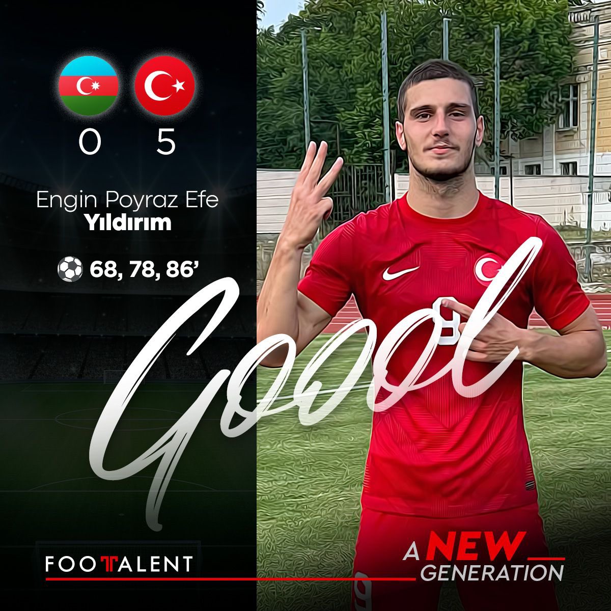 U19 🇦🇿  0 
 U19 🇹🇷  5

⚽️ ⚽️⚽️ 68, 78, 86’