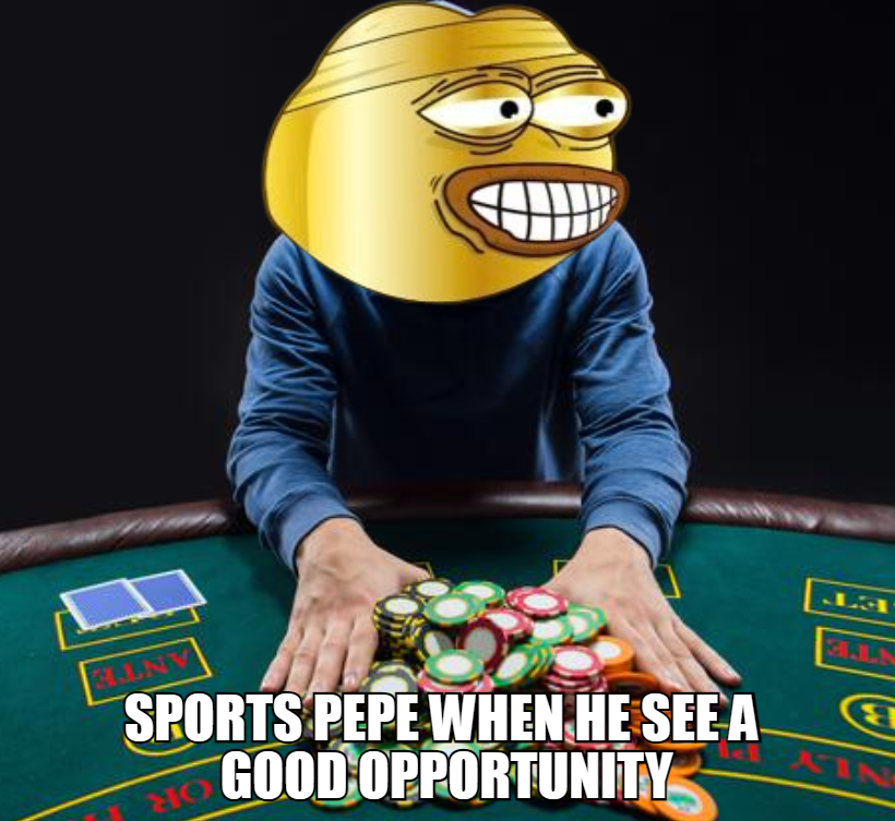 sportspepe1's tweet photo. Sports Pepe isn't the kind to be afraid to go all in.

#allinpoker #AllInOnCrypto #poker #crypto_trading https://t.co/BeGZyU4x15