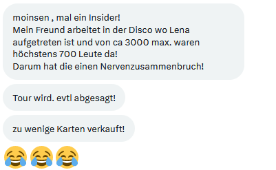 DerGanesha's tweet photo. Ein Twitterfreund hat mir diesen Insider geschickt, ich darf ihn veröffentlichen

Lena hatte einen Nervenzusammbruch wegen den nicht verkauften Tickets😀 https://t.co/0mbm2fHYlI