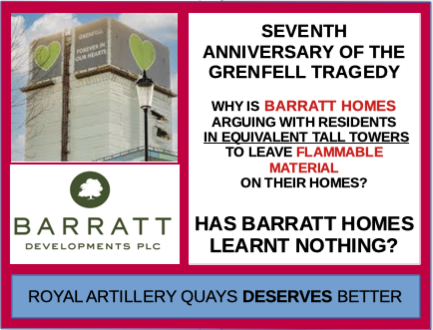 Building Safety Scheme (LFRB) (@polluterpaysbsb) on Twitter photo <a href="/BarrattHomes/">Barratt Homes</a> arguing to leave flammable on equivalently tall towers to Grenfell Tower on the seventh anniversary of the Tragedy.
How is this right? Just because the government has failed us doesn't mean <a href="/raq_residents/">Royal Artillery Quays Residents (#WeNeedAnA1)</a> can't fight for their own justice. @barrattplc TAKE IT ALL <a href="/BarrattHomes/">Barratt Homes</a> arguing to leave flammable on equivalently tall towers to Grenfell Tower on the seventh anniversary of the Tragedy.
How is this right? Just because the government has failed us doesn't mean <a href="/raq_residents/">Royal Artillery Quays Residents (#WeNeedAnA1)</a> can't fight for their own justice. @barrattplc TAKE IT ALL