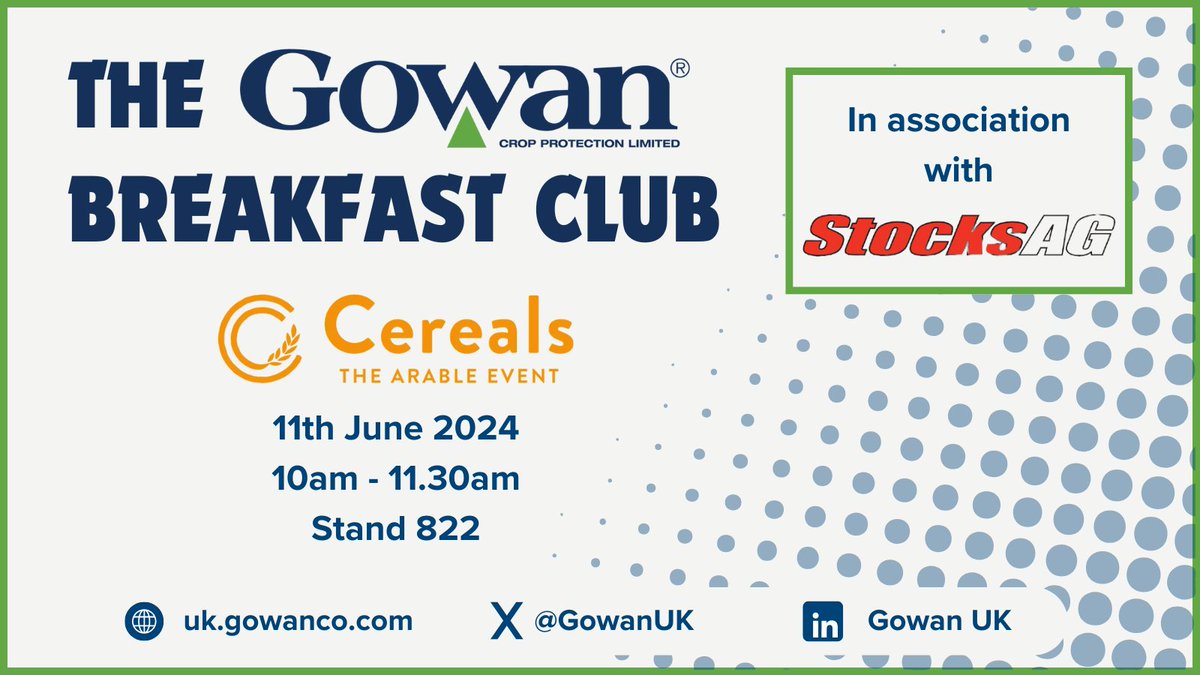 stocksag's tweet photo. If you didn't catch our post last week - @gowanuk are hosting their Tuesday morning Breakfast Club on our stand (822) at next weeks @CerealsEvent🥳
Kick your day off at the show by joining us at 10am!💥
#Avadex #Applicators #Seeders https://t.co/Xm4qleTEjn