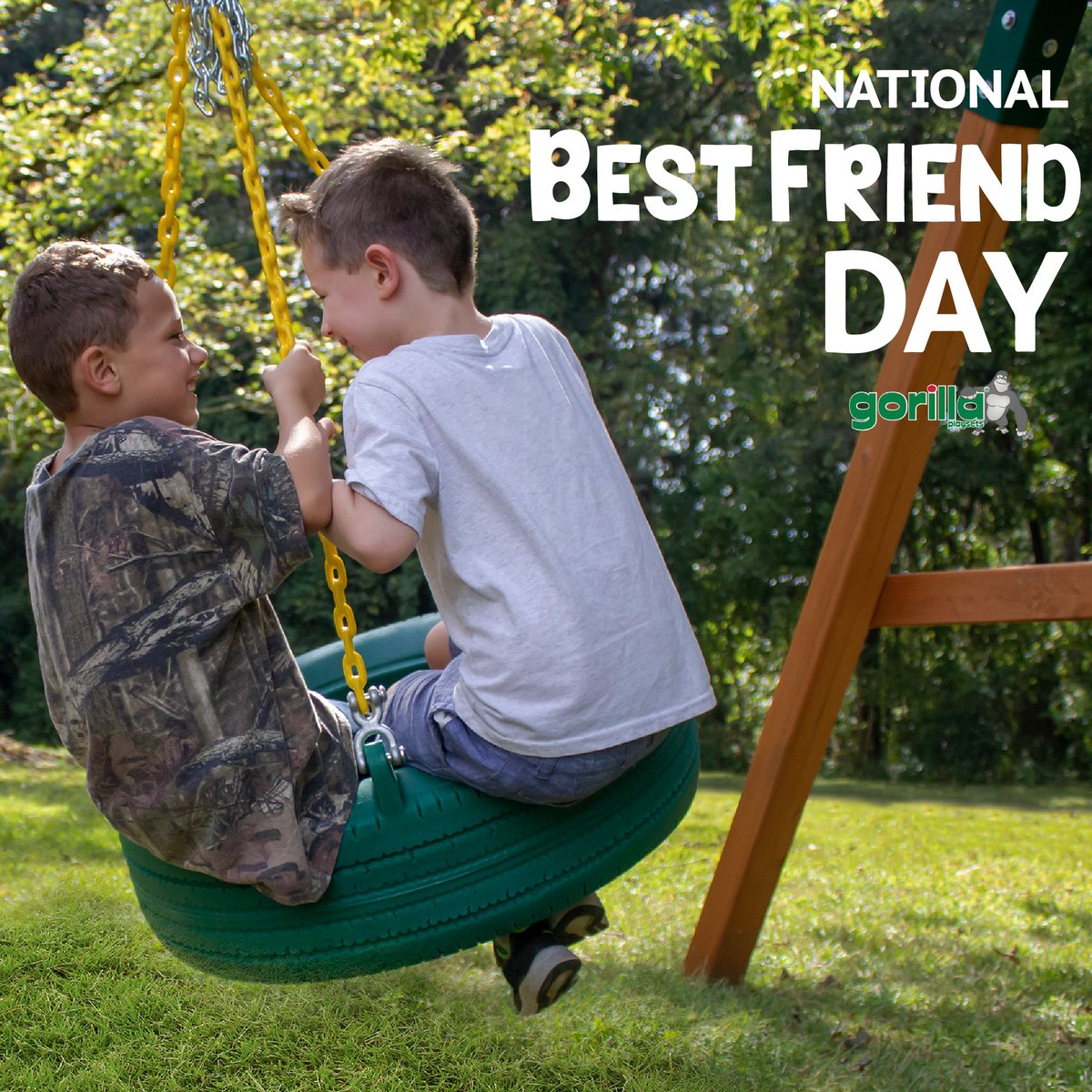 Twice the smiles, twice the fun!  Happy Best Friend Day from Gorilla Playsets! 😊 #bestfriendday #gorillaplaysets #tireswing