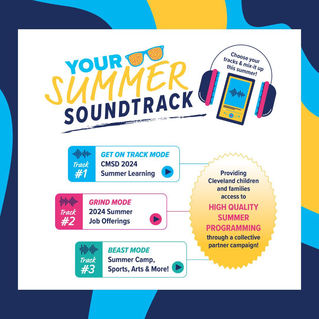 CityofCleveland's tweet photo. ☀️Summer Soundtrack kicks off this week!😎🏀🎨🏊♂️
The Summer Soundtrack offers academic support, camps & activities for kids & families, blending learning & fun! #CLESummer
City programs start June 10.
CMSD Summer Learning starts June 11.
Register at https://t.co/WNLxQicYBo https://t.co/wUCurRKtkb