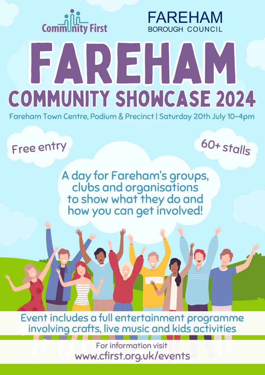 CFirstFareham's tweet photo. FAREHAM

We're looking forward to welcoming many groups, clubs, and organisations to Fareham Town Centre so they can promote their great work and how you can get involved!

This event is supported by Fareham Borough Council.

#FarehamCommunityShowcase2024 https://t.co/zs9wEaVizu