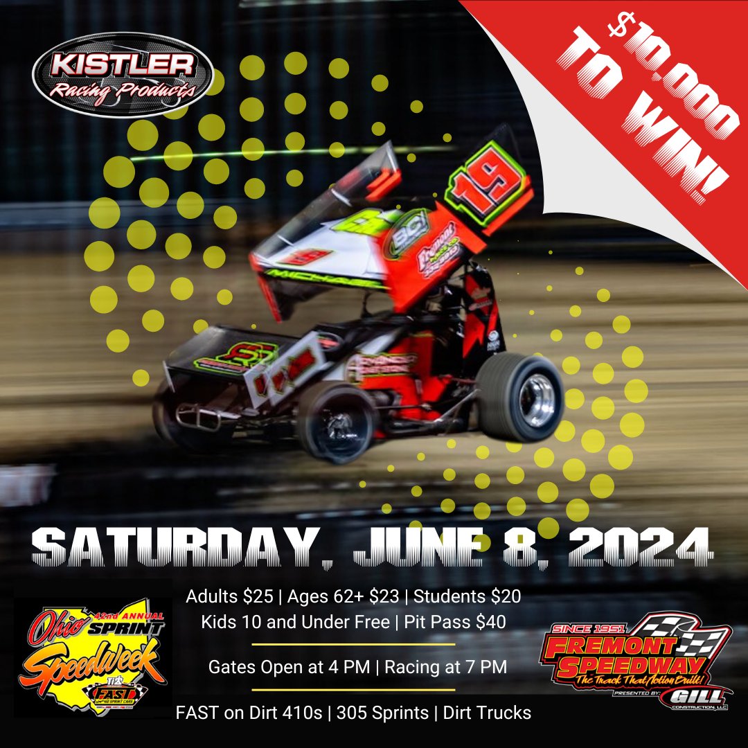 $10k on the line tonight during the Ohio Sprint Speedweek stop at the Track That Action Built! Thanks to Kistler Engines &amp; Racing Products for sponsoring tonight's event featuring FAST on Dirt 410 sprints, 305 sprints &amp; dirt trucks. 

Gates open @ 4 pm with racing starting @ 7 pm