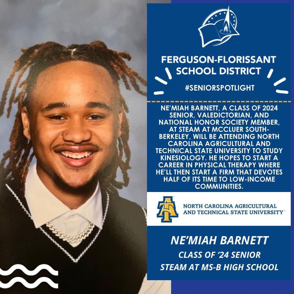🎓 For today’s senior spotlight, we want to celebrate Ne’Miah Barnett, Class of 2024 senior, valedictorian, and National Honor Society member at STEAM at McCluer South-Berkeley! 🎉 Ne’Miah will be attending North Carolina A&amp;T State University to study kinesiology, with plans to