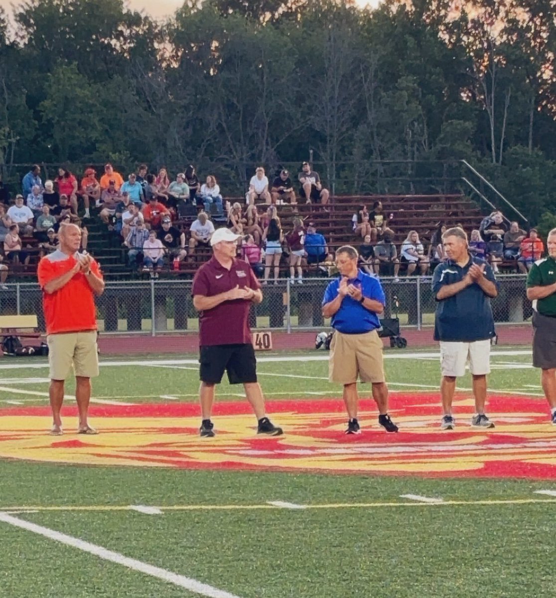 CWCFootball's tweet photo. CWC represented well at the SICA All-Star game from Gavin Peyton, Austin Owen, and Trayton Vickers. Coach Kurt Simon was honored as one of the southern Illinois Hall of Fame coaches. Go Dogs! 🐾 @areasports @deuceandabuse @aaronhancock14 https://t.co/UB93Ehll3Q