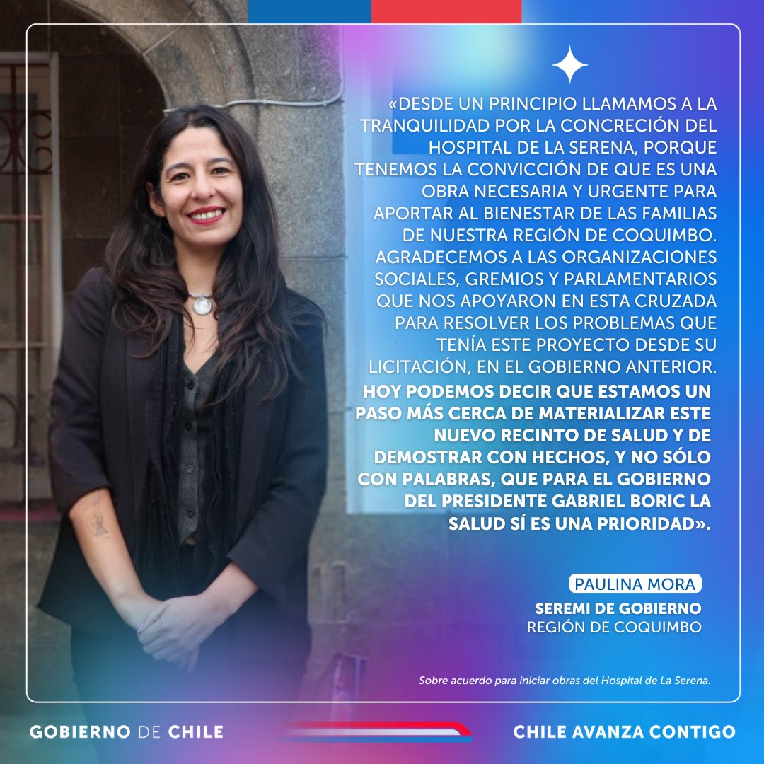 Ayer, nuestro <a href="/DPRCoquimbo/">Delegación Presidencial Regional de Coquimbo</a>, Galo Luna, informó que el <a href="/mop_chile/">Ministerio de Obras Públicas🇨🇱</a> alcanzó un acuerdo con la empresa Acciona para avanzar en la construcción del Hospital de #LaSerena. Valoramos esta gran noticia y el apoyo de organizaciones, gremios y autoridades 🏥 <a href="/VoceriaCoquimbo/">Vocería de Gobierno Coquimbo</a>