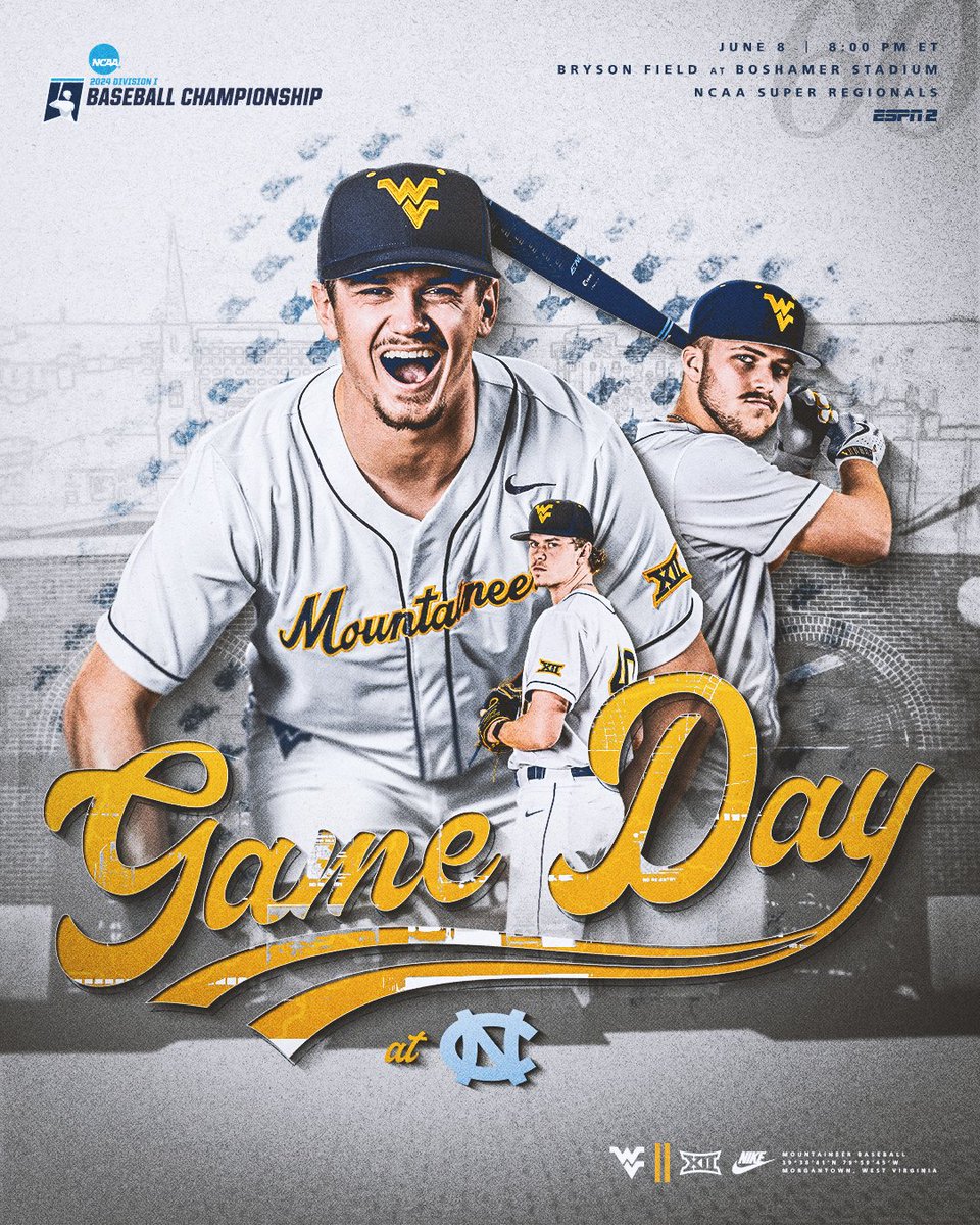 WVUBaseball's tweet photo. Not backing down now!

🆚 No. 4 North Carolina
⌚ 8 p.m.
📍 Chapel Hill, N.C.
🏟 Boshamer Stadium
📺 ESPN2
📻 https://t.co/pzUkwAWLJh
📊 https://t.co/rvA7WEkWa7

#HailWV https://t.co/SIHeex1tS1
