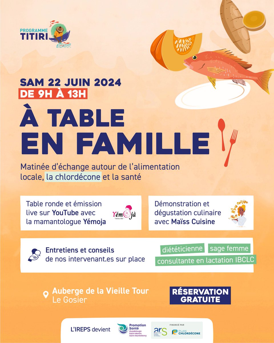 PromoSanteGpe's tweet photo. SAVE THE DATE réservez gratuitement votre entrée 📣📆 : https://t.co/dSYnJ5TCda

"A table en famille" le 22.06 de 9h à 13h à l'Auberge de la vieille tour ; un rdv pour parler alimentation locale, chlordécone et santé de la famille. 

Manjé an nou bon, an nou kontinyé manjé lokal. https://t.co/8paWRZ3H07