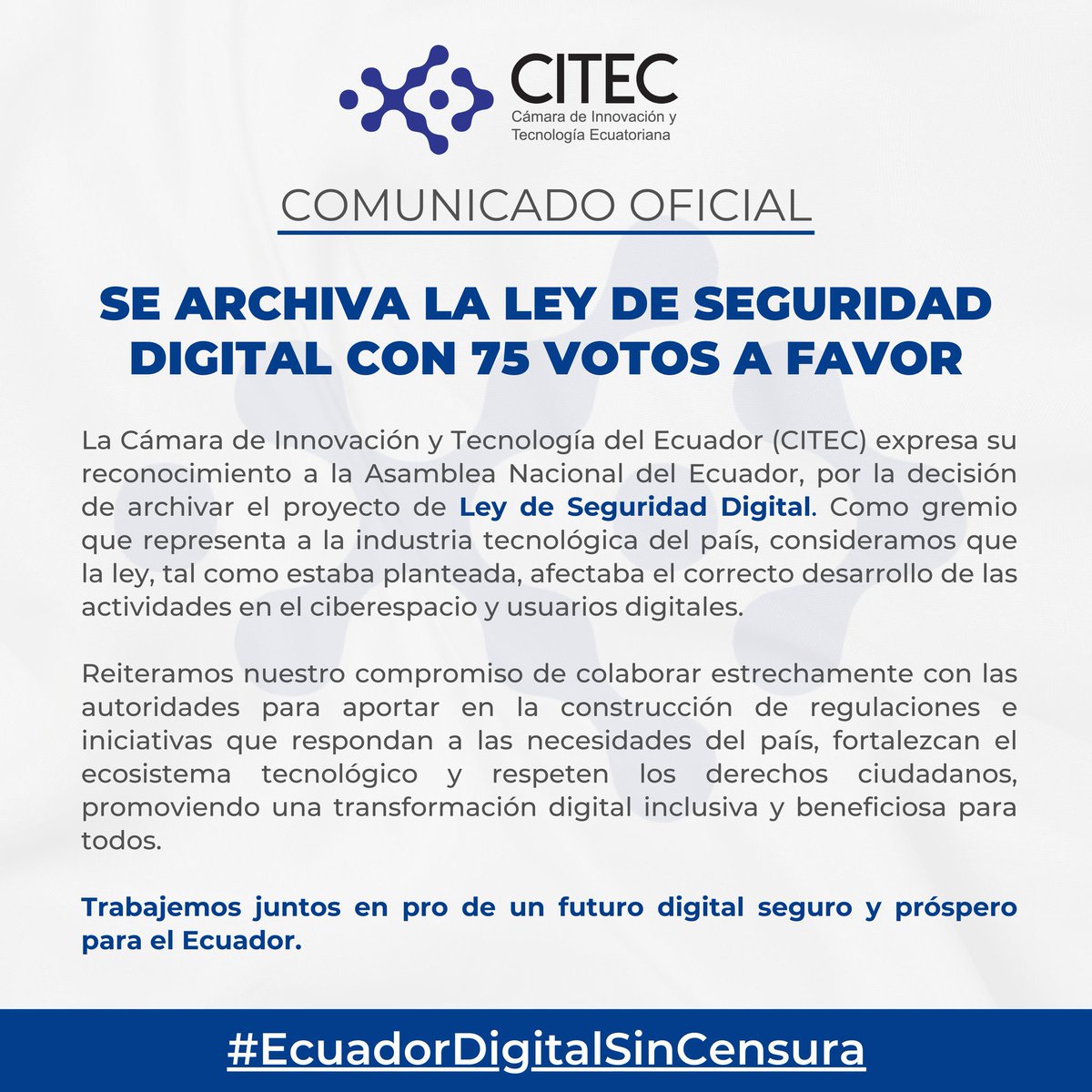 Ante las declaraciones de asambleístas de la bancada de ADN, sobre que el Pleno archivó el proyecto de ley de seguridad digital en represalia a las decisiones del gobierno de vetar la ley de GADs; aquí la verdad: 

La vieja política es precisamente esa, la de las mentiras.