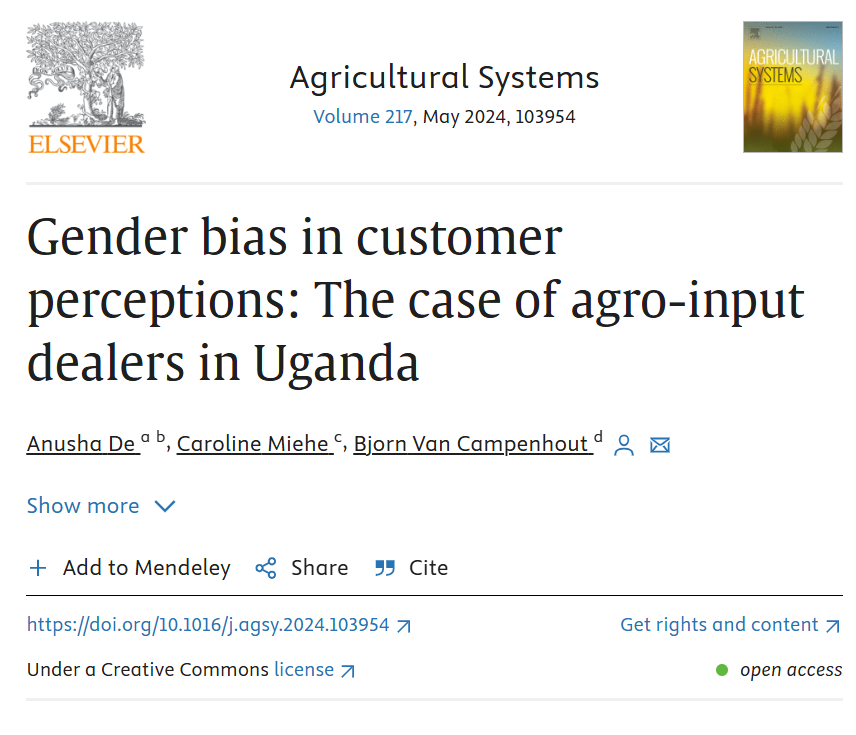 IFPRI's tweet photo. Does #genderbias in customer perceptions affect female agro-input dealers in #Uganda?

🆕study by @anusha_de_, Caroline Miehe, and @b_vancampenhout tests if farmers perceive male-managed agro-input shops differently than agro-input shops managed by women: https://t.co/LmBBBcDnb9 https://t.co/PyBXxz7mTI