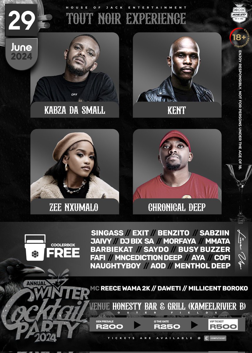 The countdown begins! 🕒. 
Few days left until the Annual Winter Cocktail Party 2024! 🎉 We're thrilled to introduce our electrifying Super Acts, ready to rock the stage! 🤩 Don't miss out on the fun - get your tickets now at all <a href="/Computicket/">Computicket</a> retail outlets nationwide!
#AWCP24