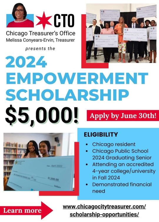 SomethingGoodNE's tweet photo. Hey class of 2024! The City Of Chicago Treasurer’s Office is offering a $5,000 scholarship to help lighten the financial load as you make your way to college! 

Must be a chicago resident! 

Submit your application by June 30th 2024! 

Good Luck! #ScholarshipSaturday https://t.co/l7s5siOYsB