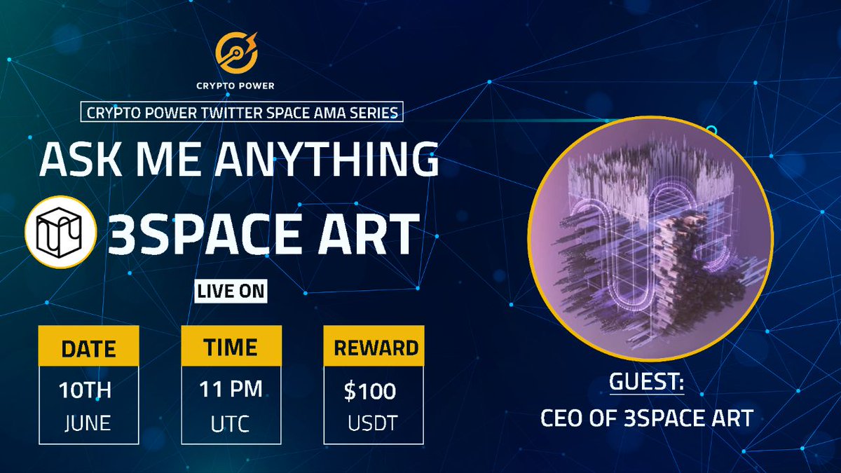 VixFinanceApp's tweet photo. 🎙️ Join 3Space Art Twitter Space AMA!

Ask your questions to Yoon Kim(@doocdac), CEO of @3spaceart, as we explore growth and innovation in our project. 🤝

Like, Retweet & Drop your questions in the comments!

Here is Link : https://t.co/ZgvIGxfB9M 

📆 Date: June 10, 2024
🕚 Time: 11:00 AM (UTC)
🎁 Reward : $100 Usdt
📍 Location: https://t.co/szBKYyWnN8
