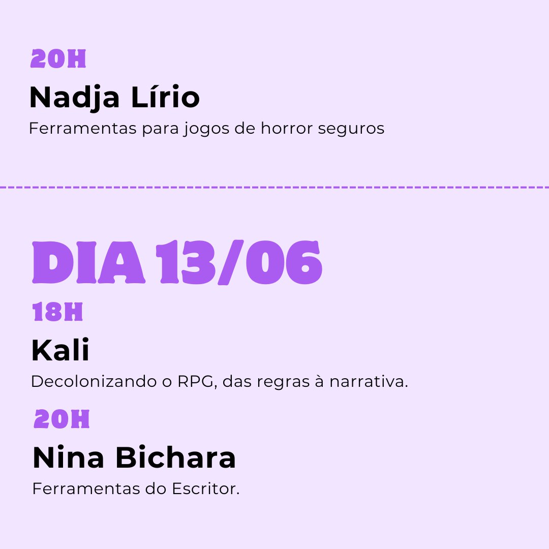 semanadejogo's tweet photo. Finalizando o dia 12/06
@experimento237 abordará sobre ferramentas seguras para jogos de horror. 

Dia 13/06
Temos @kalidelossantos em uma maravilhosa conversa decolonial e @NinaBichara comentando sobre ferramentas capazes de auxiliar o escritor. https://t.co/Y8RnyBCKyB
