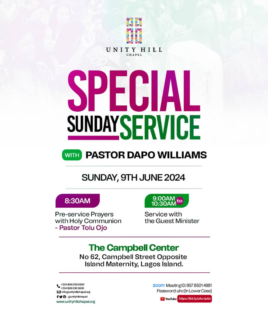 unityhillchapel's tweet photo. This Sunday is EXTRA special! ✨
 
Join Pastor Dapo Williams at UHC for inspiring message, prayer and Holy Communion at The Campbell Centre (Lagos Island).

8:30AM-10:30AM WAT. 🇳🇬

Live on Zoom: https://t.co/pOTsK6wCXU
I.G: https://t.co/QagZsK7ZVz
YouTube: https://t.co/6l9tmY1fRn https://t.co/Tpqhlym48C