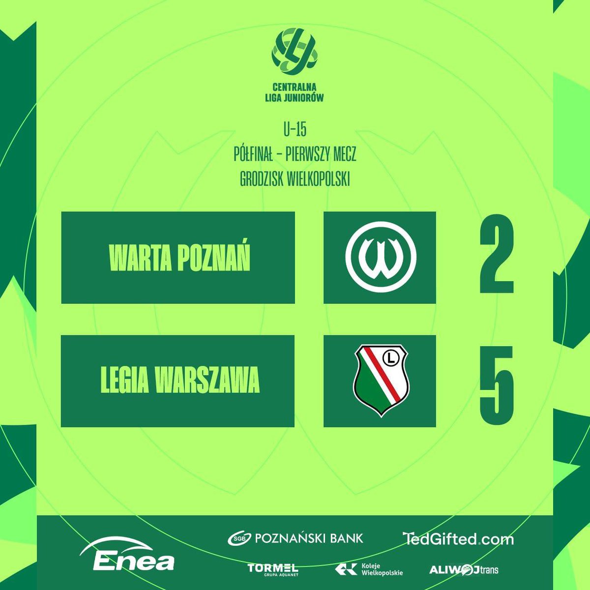 𝗟𝗲𝗴𝗶𝗮 𝘇𝗯𝘆𝘁 𝗺𝗼𝗰𝗻𝗮

Niestety zawodnicy CLJ U-15 rozpoczęli półfinałowy dwumecz z Legią od porażki ❌

⚽️ Wojciech Remisz
⚽️ Igor Świerkowski 

Malchrowicz 🧤 - Marcinkowski, Lewandowski, Szuba ©️, Kuciak, Remisz, Wąsowski, Wybieralski, Kapranov, Świerkowski, Zieliński