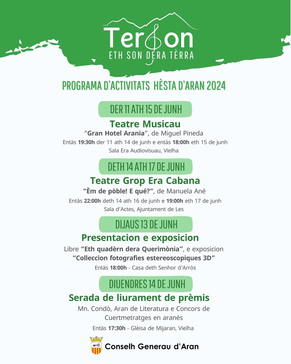 conselharan's tweet photo. 🎉TerSon, er hestau dedicat ara cultura en Aran.
👉🏽 Compartim damb vosati eth programa de #Terson, a on trobaratz totes es activitats programades. https://t.co/af3IzZIhG9