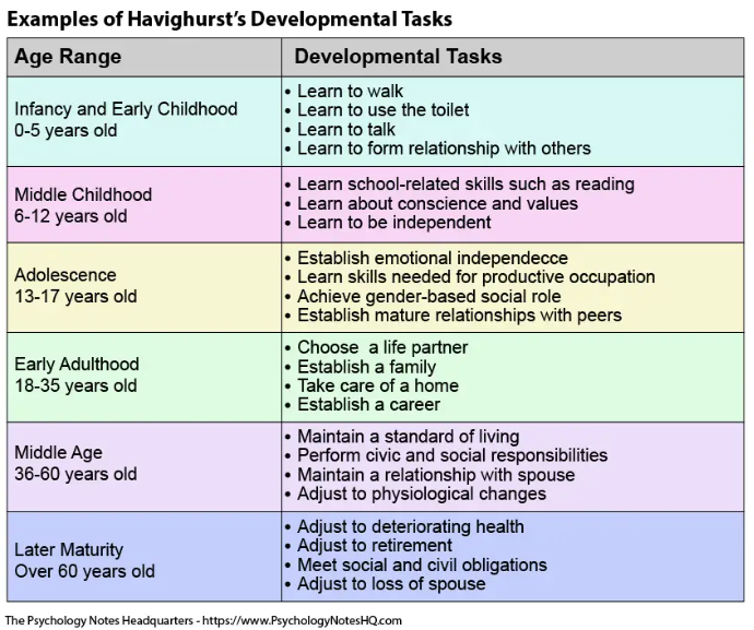 Robert Havighurst proposed a list of common critical developmental tasks, categorized into six stages of development. The table below shows a partial list of Havighurst developmental tasks.