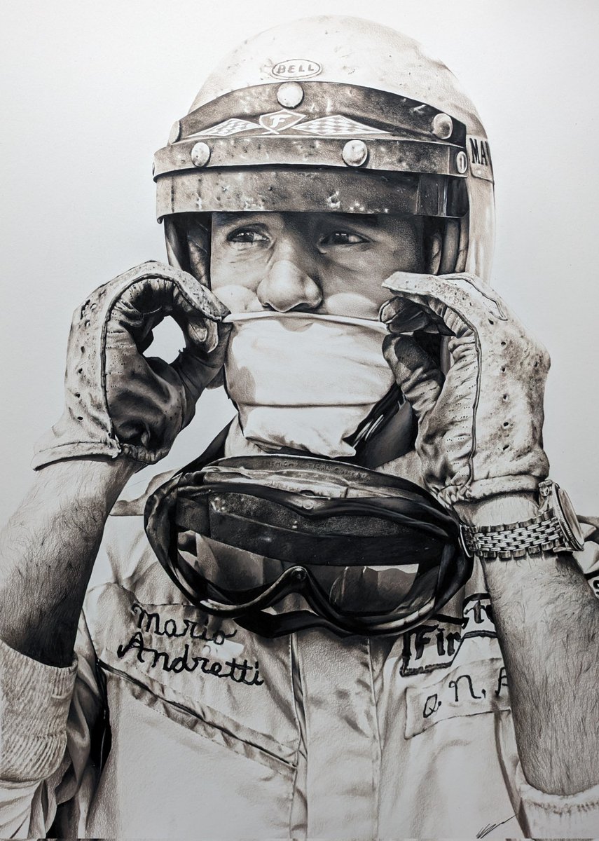 Ecapener's tweet image. My pencil drawing of Mario Andretti is FINISHED!!! I've loved every second of this drawing and I'm very sad the journey is over 😭 but I'm so so happy with it!
Reference photo from @F1Photo
#pencildrawing #marioandretti #motorsportart