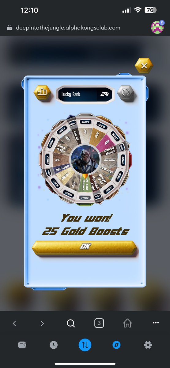 What is up future kongs! Less than a week since my last post about the Kong wheel and it’s no surprise, the wheel keeps on rewarding holders! New rewards this week: <a href="/AlphaKongsClub/">Alpha Kongs Club</a> 
1- $50 USD
2- $50 USD
3- Omega Elite
4- Omega Elite
5- Alpha Kong
6- Omega Elite
7- 25 Gold Boosts
