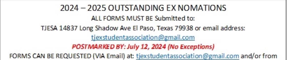 Thomas Jefferson Ex Student Association (@exesassociation) on Twitter photo The time has come to nominate a deserving Fox for 2024 outstanding Ex!
2024 - 2025 OUTSTANDING EX NOMATIONS
ALL FORMS MUST BE Submitted to:
TJESA
14837 Long Shadow Ave El Paso, Texas 79938
or email:
Tjexstudentassociation@gmail.com
Deadline: July 12, 2024 The time has come to nominate a deserving Fox for 2024 outstanding Ex!
2024 - 2025 OUTSTANDING EX NOMATIONS
ALL FORMS MUST BE Submitted to:
TJESA
14837 Long Shadow Ave El Paso, Texas 79938
or email:
Tjexstudentassociation@gmail.com
Deadline: July 12, 2024