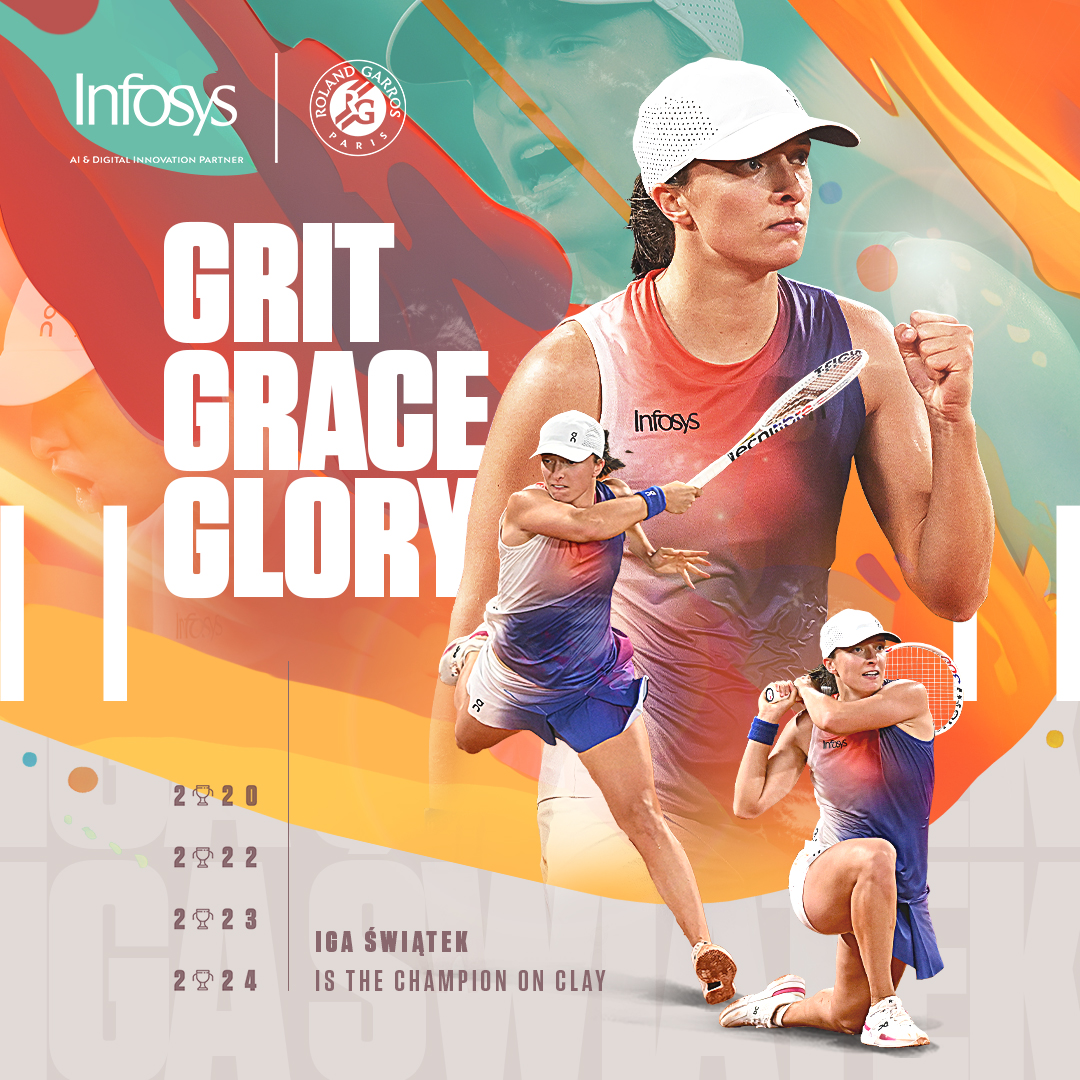 Congrats <a href="/iga_swiatek/">Iga Świątek</a> for showing us what champions are made of. We’re proud to have been a part of your #RG24 journey. Thank you for the inspiring display of grit &amp; grace in your pursuit of excellence. #IgaXInfosys #ChampionsEvolve #ExperienceTheNext #RolandGarrosWithInfosys