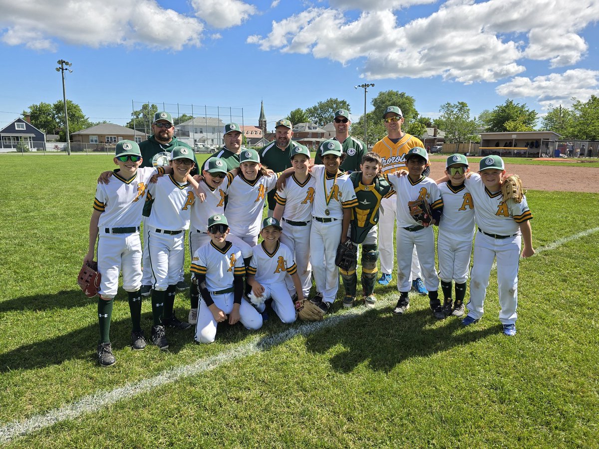 DukeofTens's tweet photo. @Athletics @ThoroldBaseball 
In honor of the 50th Anniversary of the 1974 Oakland A's World Series the 11U Thorold A's broke out their white third jerseys today.  The kids and coaches had it going this morning with a 7-4 win to start the tournament. https://t.co/tRokZjAM36