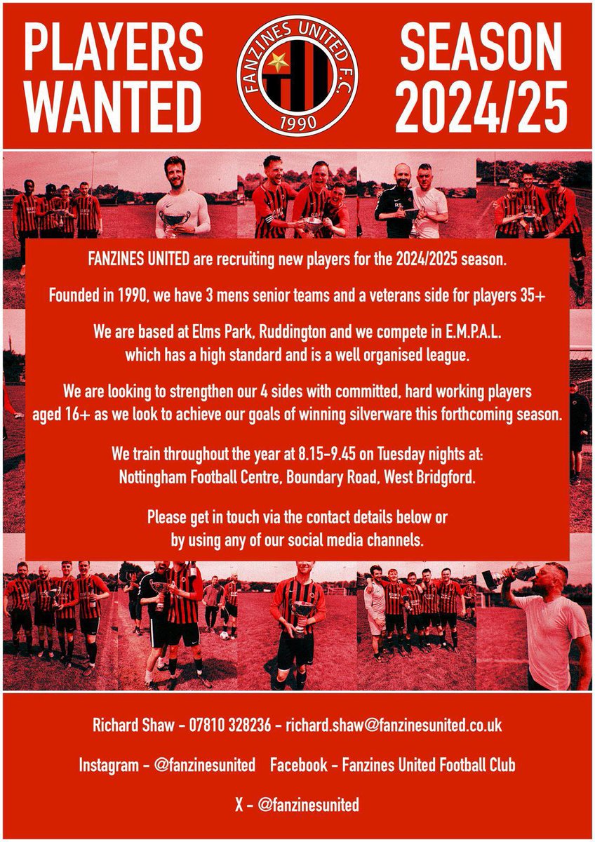 Fanzines United A (@fanzinesuniteda) on Twitter photo <a href="/FanzinesUnited/">Fanzines United Football Club</a> Are looking to build on the continual growth over the last few seasons. We have 3 senior men’s sides operating in Divisions 1-3 of the EMPAL + a Vets side.
Training continues each week throughout the summer… A perfect time to welcome new additions! 🔴⚫️🔴⚫️ <a href="/FanzinesUnited/">Fanzines United Football Club</a> Are looking to build on the continual growth over the last few seasons. We have 3 senior men’s sides operating in Divisions 1-3 of the EMPAL + a Vets side.
Training continues each week throughout the summer… A perfect time to welcome new additions! 🔴⚫️🔴⚫️