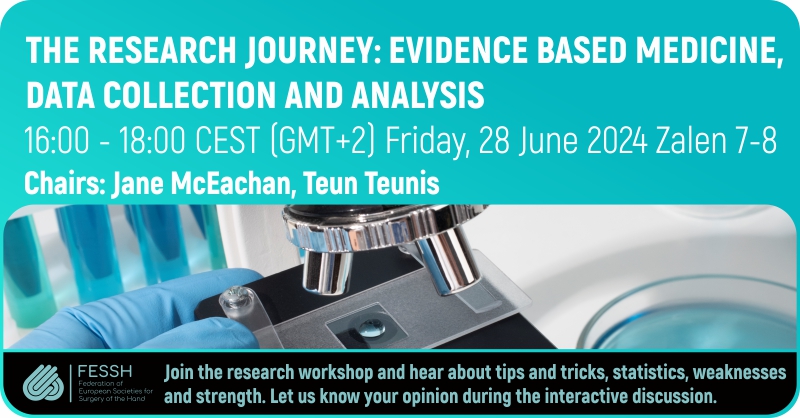 Follow the RESEARCH JOURNEY!
Join the research workshop and hear about evidence based medicine, data collection and analyis, weaknesses and strenght and more.
#fessh #research #handsurgery #workshop #rotterdam