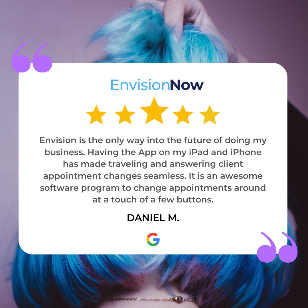 Envision_Salon's tweet image. Thank you for the fantastic review! 🌟 We&apos;re thrilled to hear that EnvisionNow is revolutionizing your business and making client appointment management seamless. Your success is our priority! #CustomerFeedback #BusinessOnTheGo #SalonSuccess 🚀📱💼
