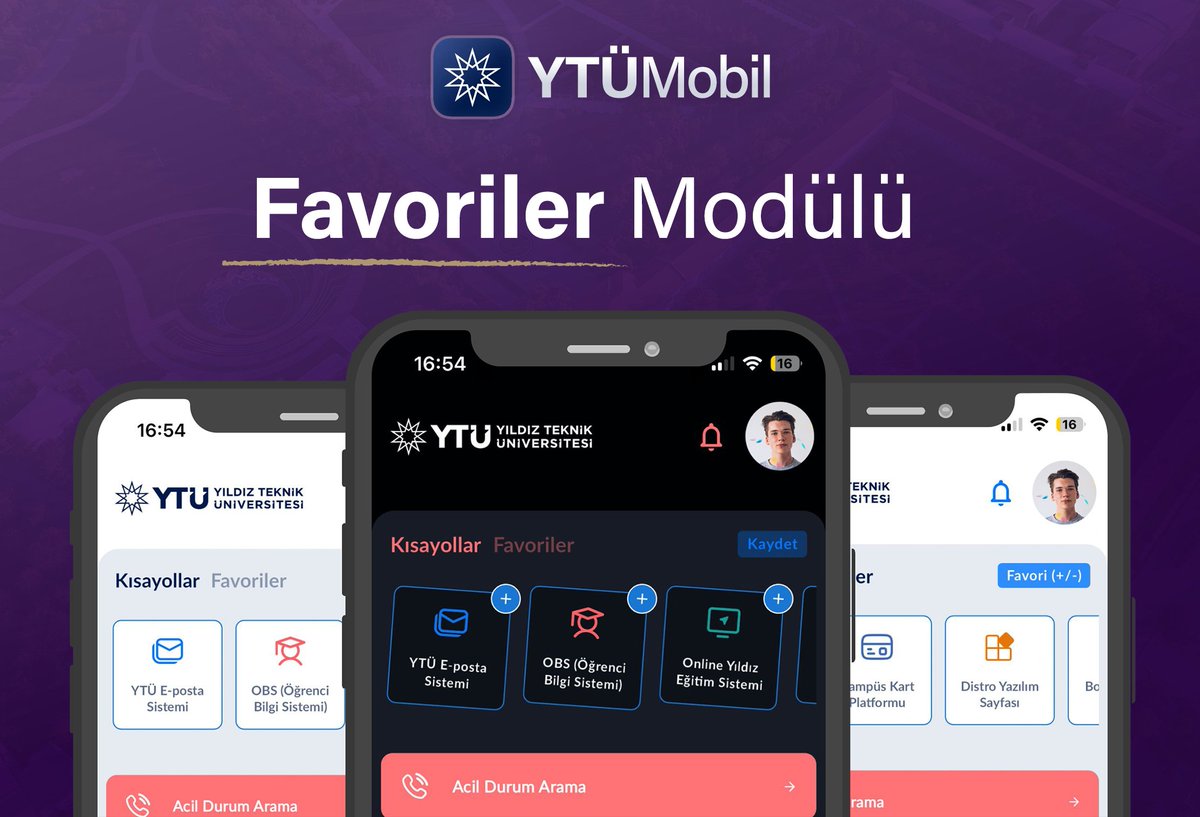 ytumobile's tweet photo. YTÜ Mobil V.2: Favoriler Modülü ✨

YTÜ'ye ait uygulamalar ve kısayollar Favoriler adı altında toplanabiliyor. Kullanıcılar, en sık kullandıkları kısayolları bu modül sayesinde uygulama içinde özelleştirip, kullanabilecek.