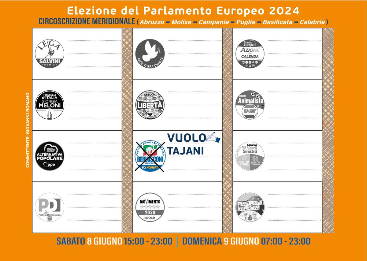 *Elezione #europee 
🟧 _CIRCOSCRIZIONE SUD_ 🟧
#Abruzzo, #Molise, #Campania, #Calabria, #Puglia #Basilicata)

📅 8 GIUGNO 2024⌚️dalle 15 alle 23:00;
📅 9 GIUGNO 2024⌚️dalle 07:00 alle 23:00;

❌ barra #FORZAITALIA
✍️ scrivi #VUOLO #TAJANI

Vota 🫵🏻 e fai votare 🤝*VUOLO* -