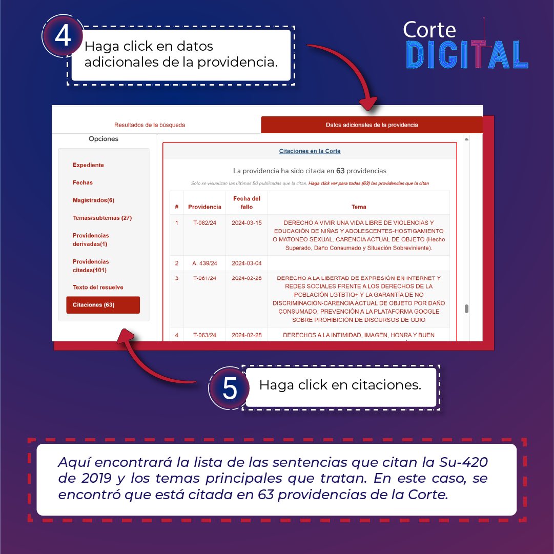 CConstitucional's tweet image. #CorteDigital | ¿Cómo saber en qué sentencias está citada una sentencia?
Conoce y prueba nuestro nuevo buscador de jurisprudencia: corteconstitucional.gov.co/relatoria/busc…