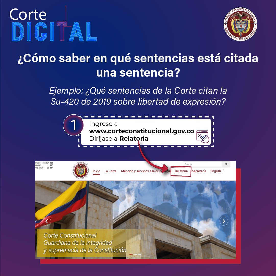 CConstitucional's tweet image. #CorteDigital | ¿Cómo saber en qué sentencias está citada una sentencia?
Conoce y prueba nuestro nuevo buscador de jurisprudencia: corteconstitucional.gov.co/relatoria/busc…