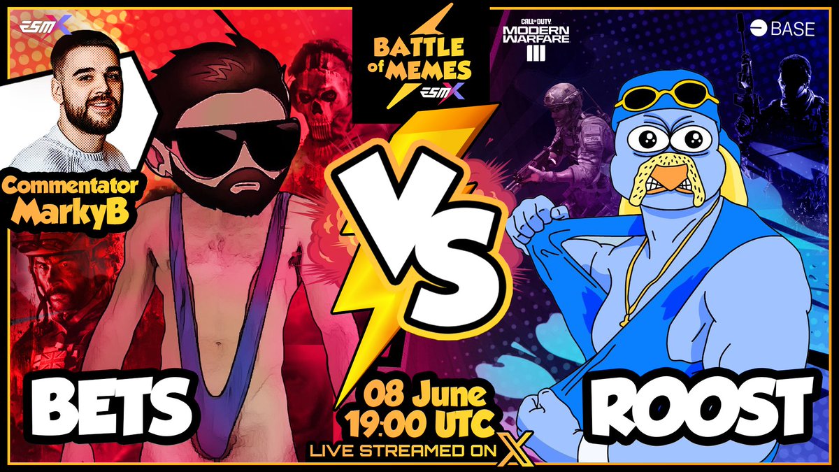⚡️ BATTLE OF MEMES #3 ⚡️

Tonight is the night! 🔥🔥🔥

@AllStreetBetsV1 is back for revenge against the <a href="/RoostCoin/">$ROOST ON BASE</a> team.

Do you think they can beat the champs in #COD MW3? 🤔

🎙️ Casted by the legendary <a href="/MarkyB/">Mark Bryceland</a> 

🎉 5 viewers will receive $ESMX prizes! 

📺 Watch it live on X!