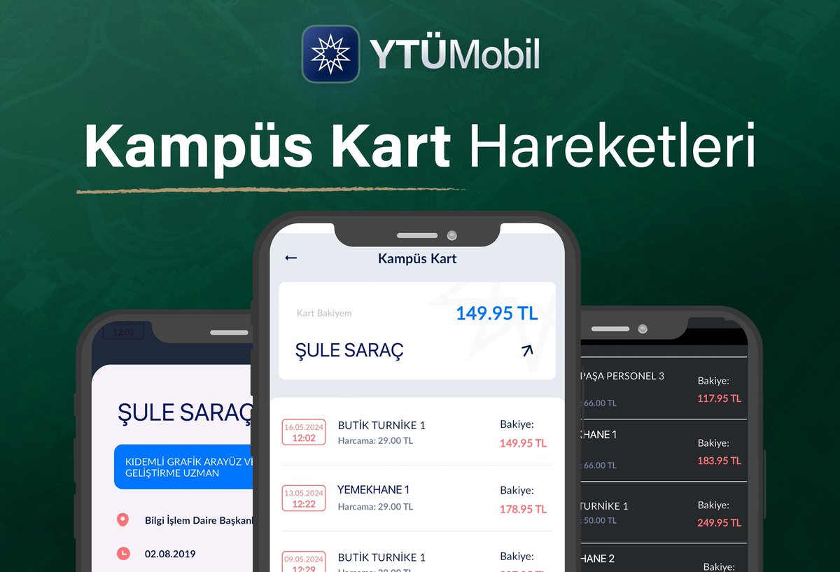 ytumobile's tweet photo. YTÜ Mobil V.2: Kampüs Kart Hareketleri ✨

Kampüs Kart bakiye hareketleri, tarih ve harcama detayları ile birlikte ekstre olarak görüntülenebilecek.
