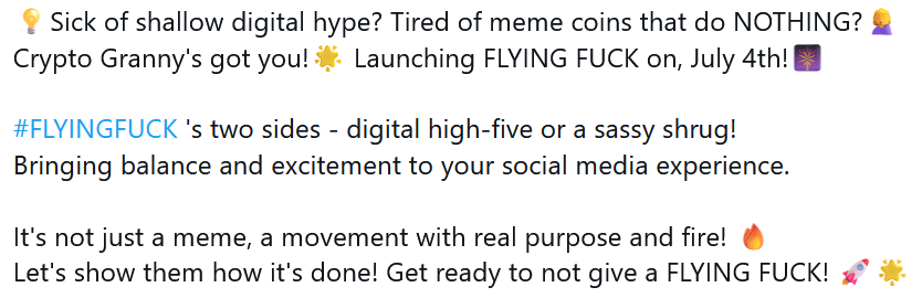 GrannyNakamoto's tweet photo. #CryptoGranny #FlyingFuck #ExpressionsRevolution #FFK #DeFame #Crypto #ByeByeMemeCoins https://t.co/n4C19Y0ryk