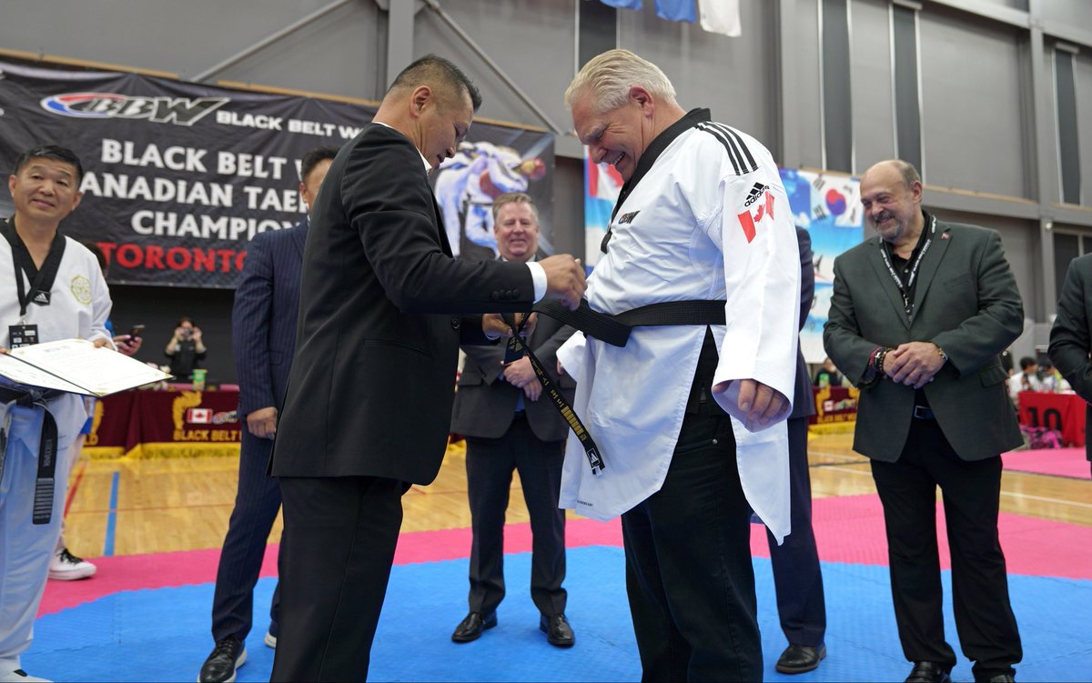 mynamesnotgordy's tweet image. Doug Ford pictured today being awarded a black belt in Taekwondo after local dojo discovers all their green belts have gone missing.
