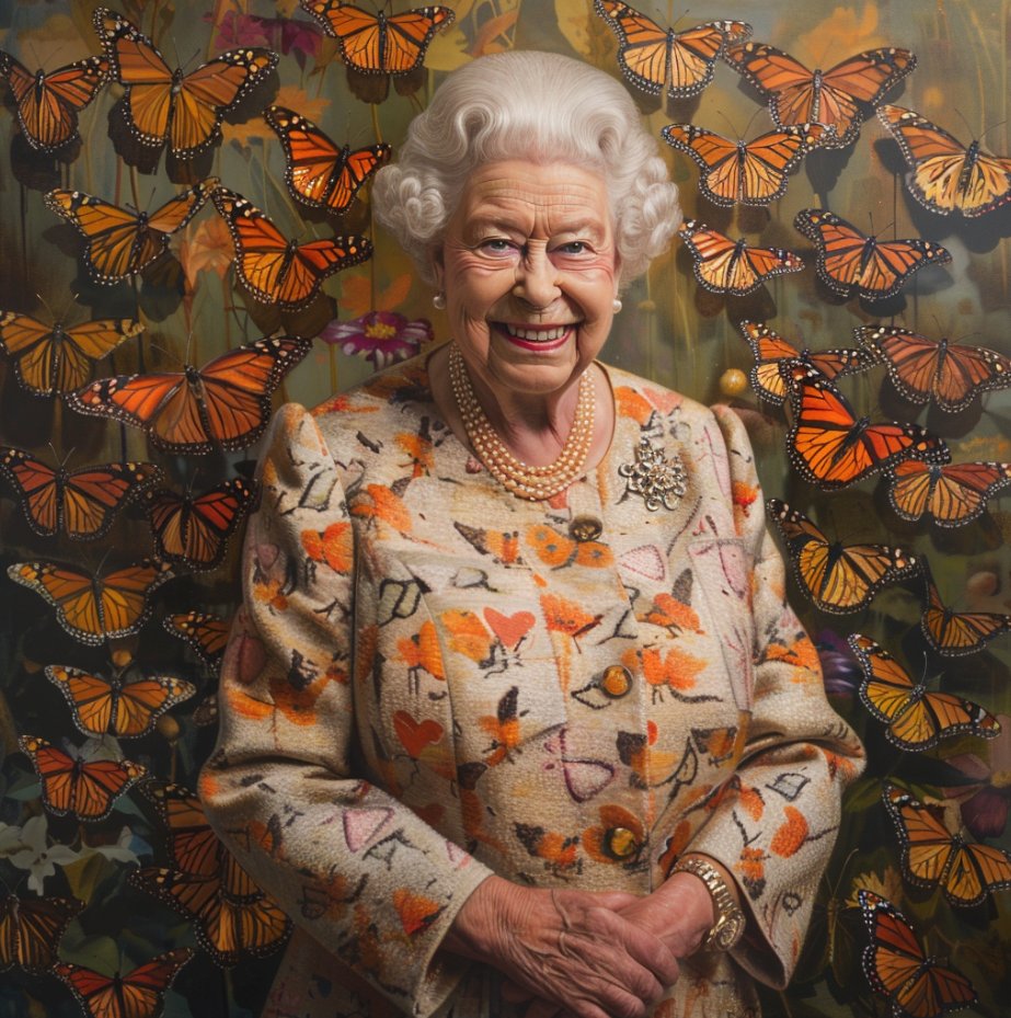 LorehandTa62737's tweet photo. I made this in AI and normally I hate AI, but this one came out so beautiful I had to share it. I don't think she had a coat that looked like that, but isn't she beautiful? #ripQueenElizabeth I think I'm going to try and paint this. https://t.co/lTCyYRAEOP