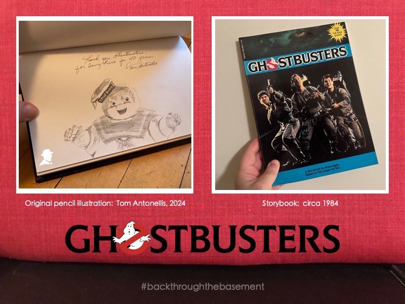 bttbasementpod's tweet photo. 40 years ago today, their courteous &amp; efficient staff went on call 24-hours-a-day to serve all our supernatural elimination needs. Thanks @Ghostbusters !

[Left: Mr. Stay Puft - original pencil art by @tom_antonellis | Right: Storybook, circa 1984]

#backthroughthebasement https://t.co/YSqv3N9XWa