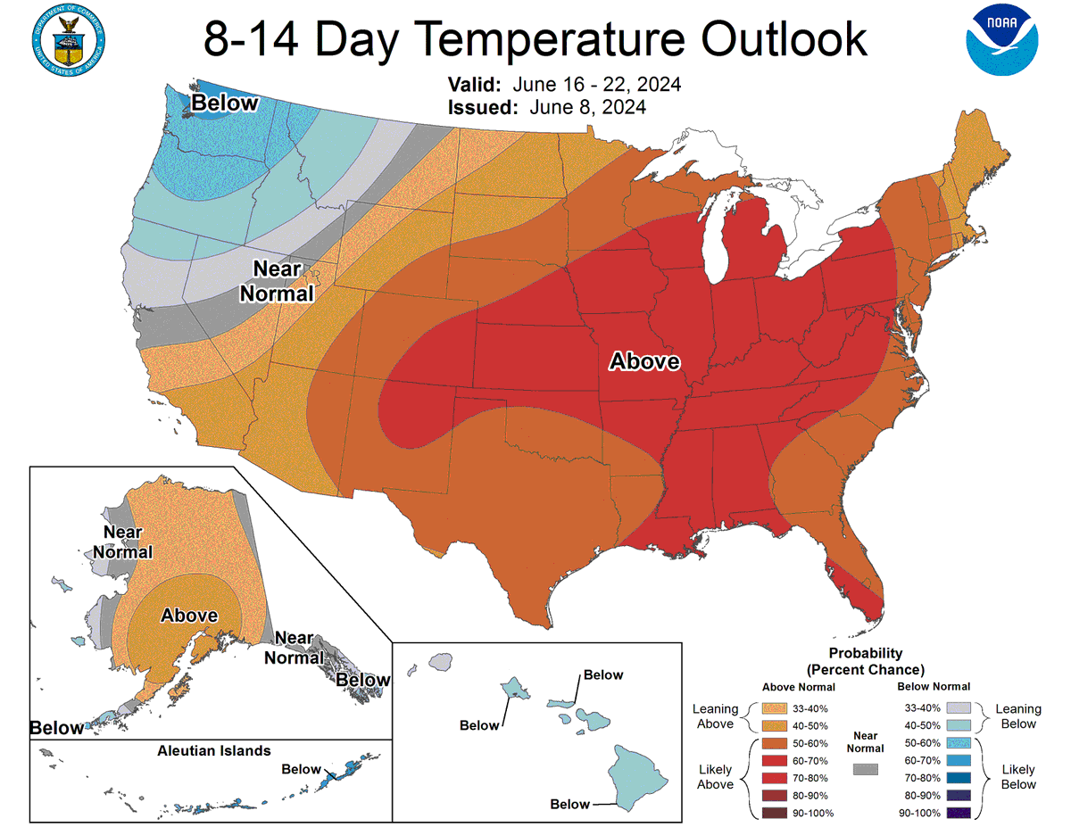 NWSMemphis's tweet photo. Upper level ridging will develop over the eastern half of the U.S. by next weekend. This will mean a high likelihood of above normal temperatures for the Midsouth as we head into the latter half of June. https://t.co/7eCS6oOcVb