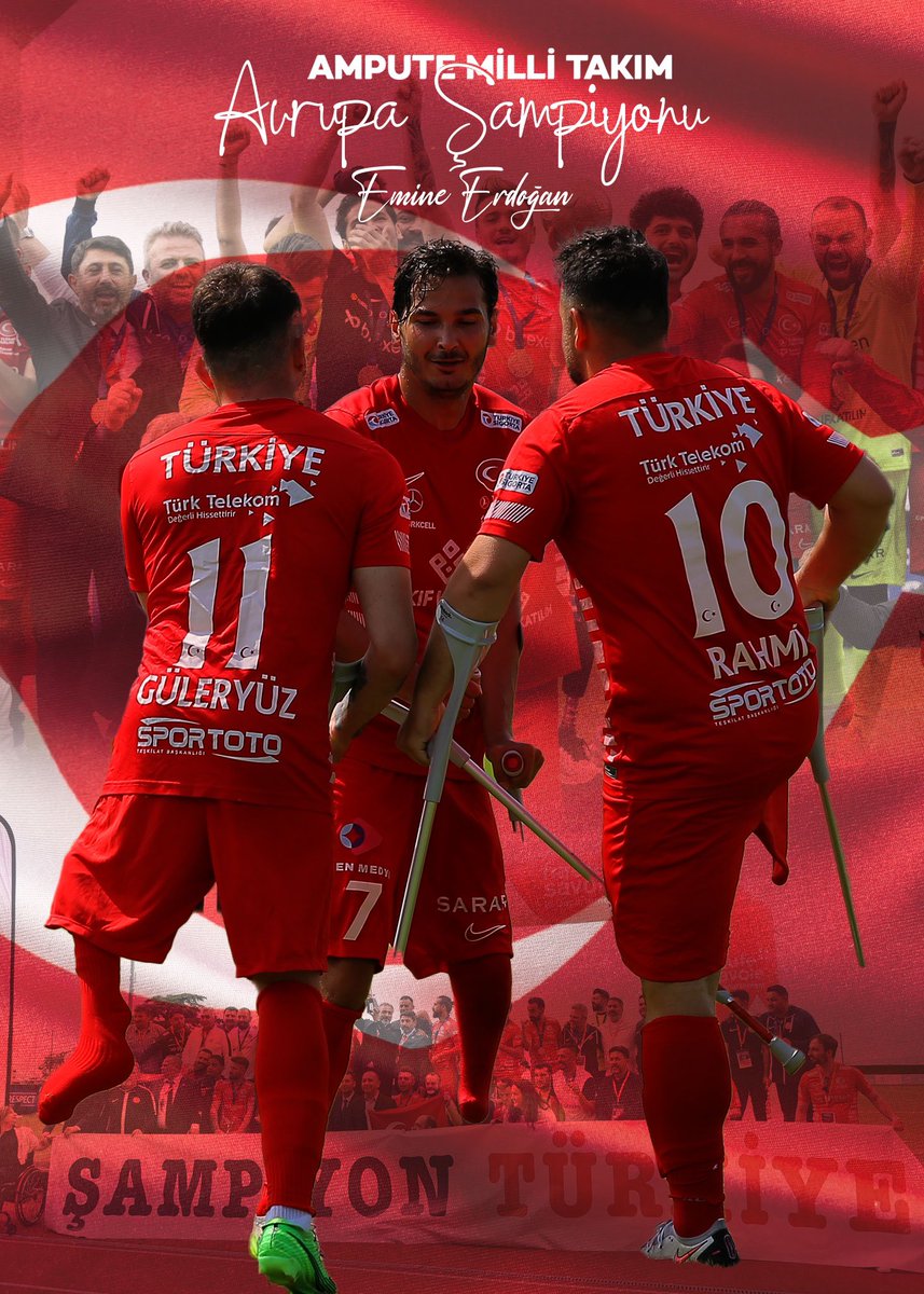 EmineErdogan's tweet photo. Ay-yıldızlı kahramanlarımız üçüncü kez zirvede! 🏆👏

Ampute Futbol Avrupa Şampiyonası finalinde İspanya’yı mağlup ederek Avrupa Şampiyonu olan Ampute Futbol Milli Takımımızı canıgönülden tebrik ediyorum.

Yolunuz açık olsun!🇹🇷 https://t.co/UoUrN5cdZB